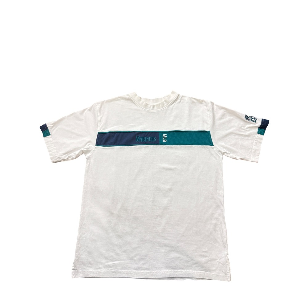 Lee Sport Seattle Mariners MLB T-Shirt White Teal Navy Stripe Mens Large